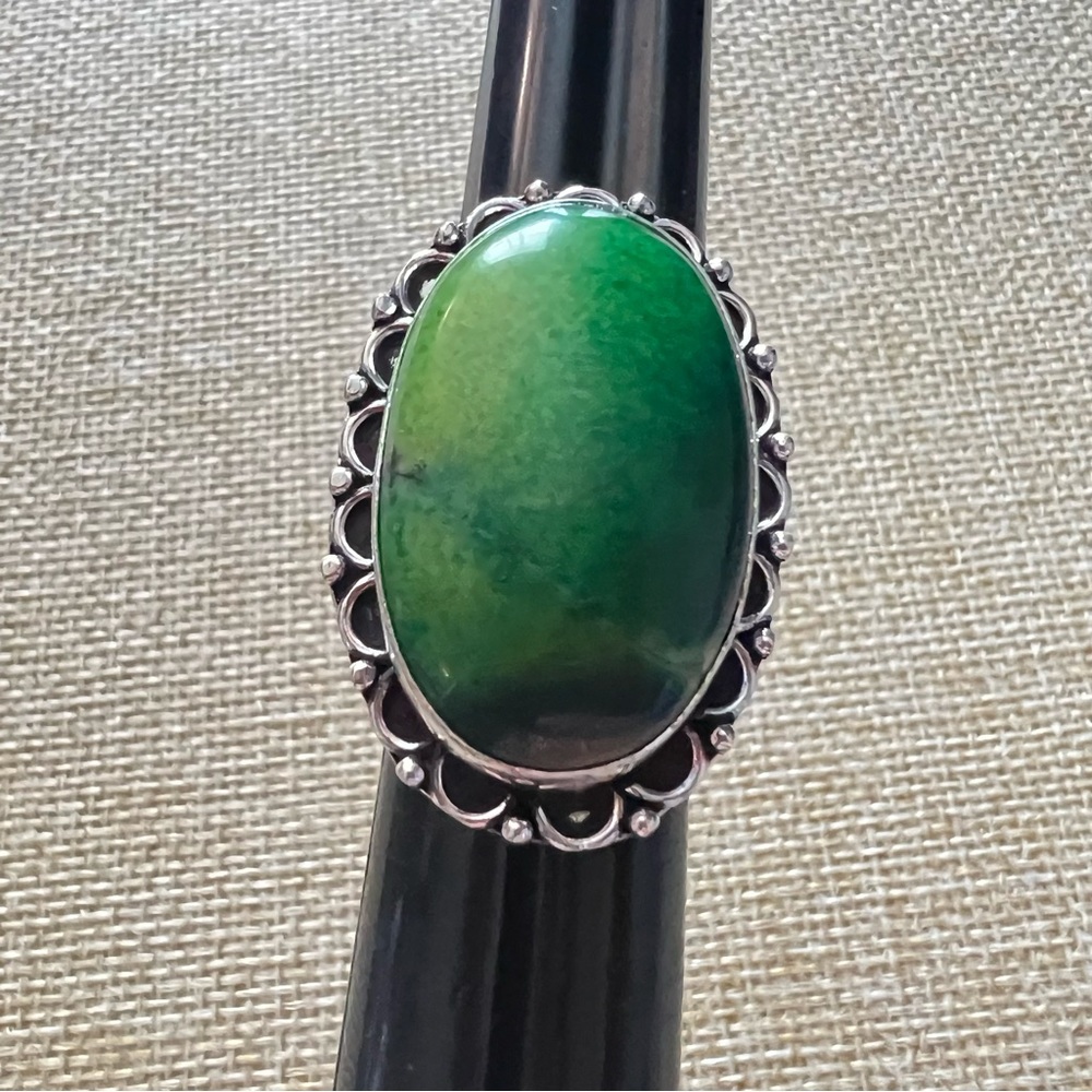 New Green Dendritic Opal Stone Silver Overlay Ring Size 6.75